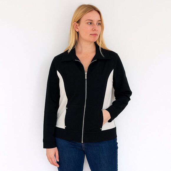 Chico's Weekends Sporty Full Zip Track Jacket Colorblock Black White 12 #BAG10 - Picture 1 of 8